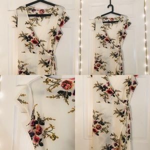 Wrap around white and floral lower calf dress